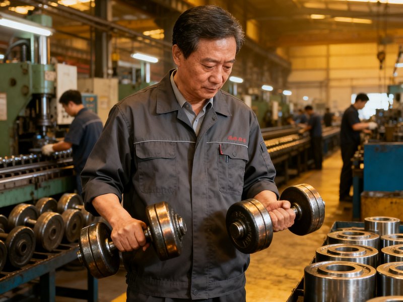 中年男性采购总监老周在工厂车间内专注地检查哑铃表面工艺，背景是忙碌的生产线