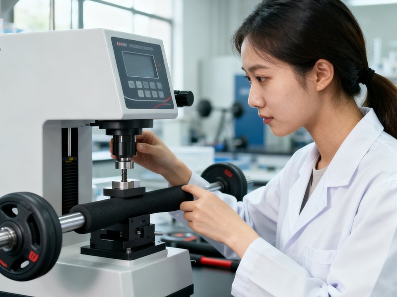 年轻女性品控主管在实验室使用专业仪器检测健身器材材料强度，身穿白大褂