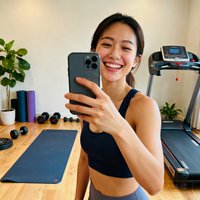 一位年轻家庭用户的女性头像，在家中健身角自拍，笑容灿烂